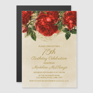 Elegante Vintage Rode Rozen Vrouwen 75e Verjaardag Magnetische Uitnodiging