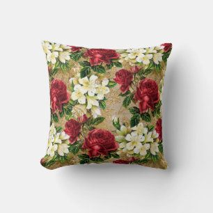 Elegante Vintage Rode Rozen Witte Bloemen Bruin Kussen
