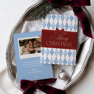 Elegante Vintage Rode Strik Blauwe Kerst Foto Feestdagenkaart