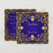 Elegante vintage Royal Blue Gouden Uitnodiging (Voorkant / Achterkant)