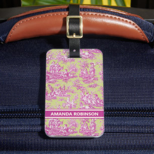 Elegante vintage roze groene toile de jouy bagagelabel