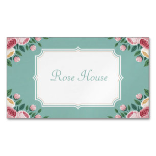 Elegante Vintage Roze Roos Bloemendecor in Teal Gr Magnetisch Visitekaartje
