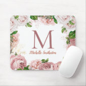 Elegante Vintage Roze Roze Bloem Wit Monogram Muismat (Met muis)