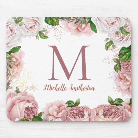 Elegante Vintage Roze Roze Bloem Wit Monogram Muismat (Voorkant)