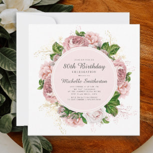Elegante Vintage Roze Roze Bloemige 80e Verjaardag Kaart