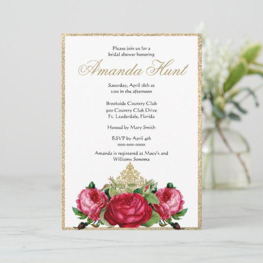 Elegante Vintage Rozen Bruidsfeest Kaart (Staand voorkant)