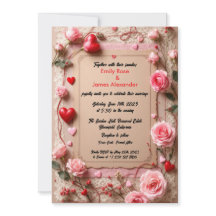 Elegante vintage rozen & harten trouwuitnodiging