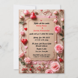 Elegante vintage rozen & harten trouwuitnodiging kaart