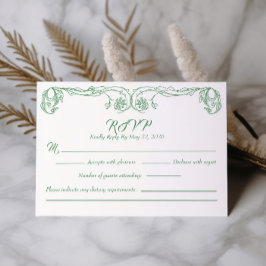 Elegante Vintage RSVP Kaart – Groene Roos Filigree