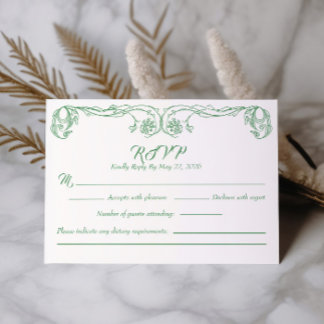 Elegante Vintage RSVP Kaart – Groene Roos Filigree