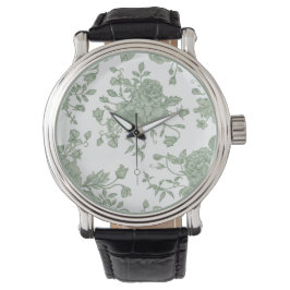 Elegante Vintage Saliegroen Franse Bloemen  Horloge