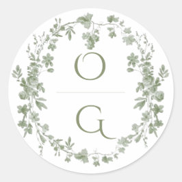 Elegante Vintage Saliegroene Franse Bloemige Trouw Ronde Sticker