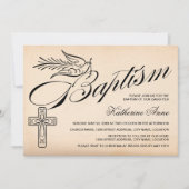 Elegante Vintage Script Kruis en Duif Doop Kaart (Voorkant)