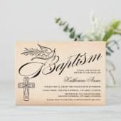 Elegante Vintage Script Kruis en Duif Doop Kaart (Staand voorkant)