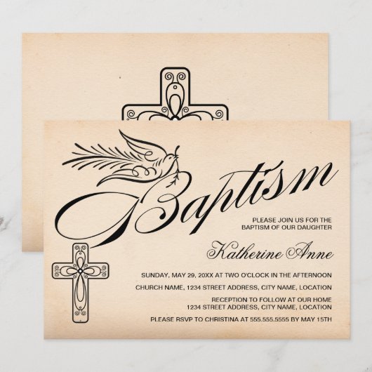 Elegante Vintage Script Kruis en Duif Doop Kaart (Voorkant / Achterkant)