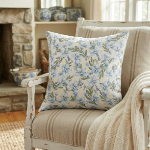 Elegante Vintage Stijl Blauwe Bloemen & Groene Bla Kussen