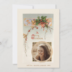 Elegante Vintage Stijl Hulst en Foto Feestdagenkaart