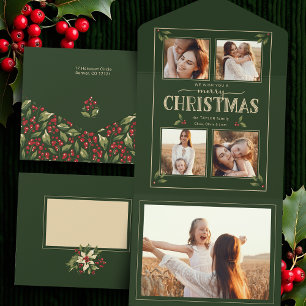 Elegante Vintage Stijl Prettig Kerstfeest 4-Foto All In One Uitnodiging