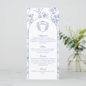Elegante Vintage Stofblauw Bloemige Trouwdetails Menu (Staand voorkant)