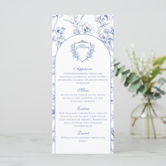 Elegante Vintage Stofblauw Bloemige Trouwdetails Menu (Staand voorkant)