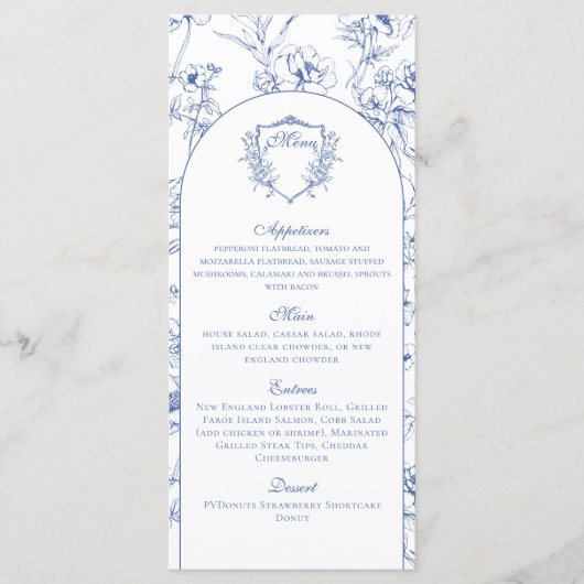 Elegante Vintage Stofblauw Bloemige Trouwdetails Menu (Voorkant)