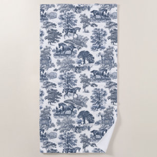 Elegante Vintage Stofblauw Witte Paarden Toile Strandlaken