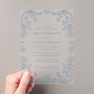 Elegante Vintage Stofblauwe Bloemige Bruiloft Acryl Uitnodigingen