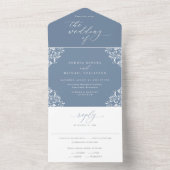 Elegante Vintage Stofblauwe Bruiloft All In One Uitnodiging (Binnen)