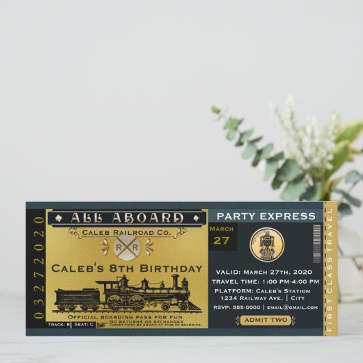 Elegante Vintage Travel Train Ticket uitnodiging (Staand voorkant)