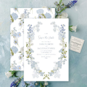 Elegante Vintage Tuin Blauw & Wit Bewaar de Datum Kaart