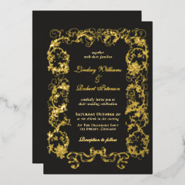 Elegante Vintage Versierde Zwarte Goud Folie Uitnodiging