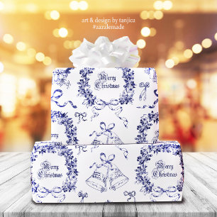 Elegante Vintage Vrolijke Kerstbogen Blauw Toile Cadeaupapier