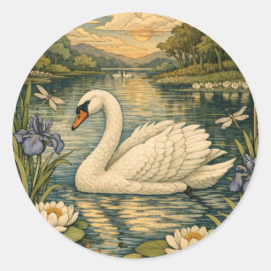 Elegante vintage waterkleur witte zwaan schilderin ronde sticker