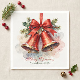 Elegante Vintage Waterverf Rode Bellen Kerstmis Servet
