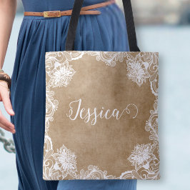 Elegante Vintage Witte Omlijning Bloem Bruids- Tote Bag