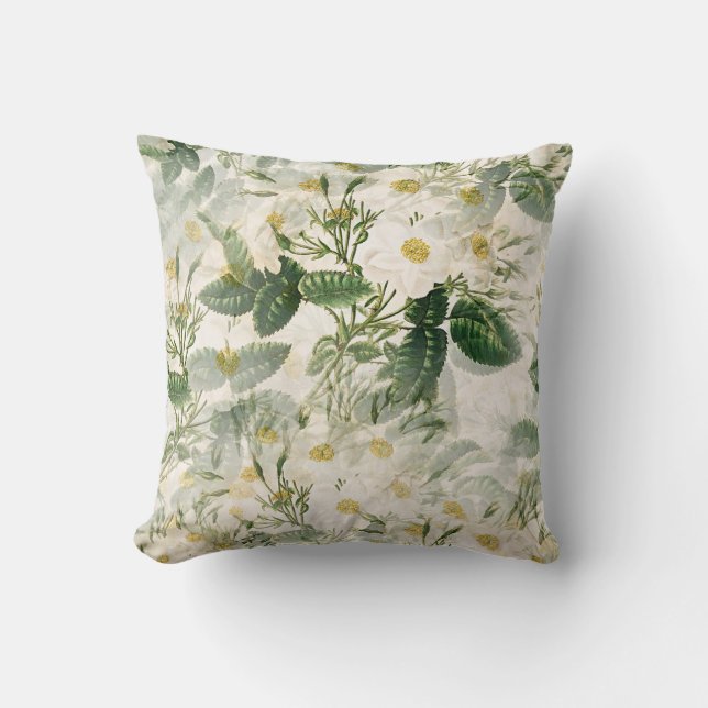 Elegante Vintage Witte Roos Botanische Worpkussen Kussen (Voorkant)
