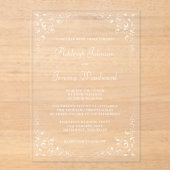Elegante vintage witte script botanische lijst acryl uitnodigingen (Voorkant)