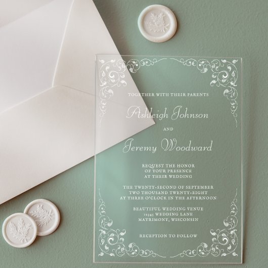 Elegante vintage witte script botanische lijst acryl uitnodigingen