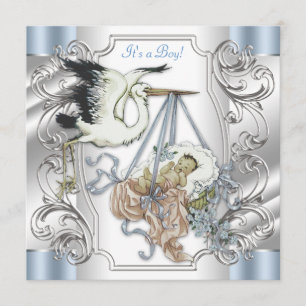 Elegante vintage zilveren en blauwe ooievaar baby kaart