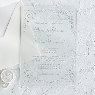 Elegante vintage zilveren script botanische lijst acryl uitnodigingen
