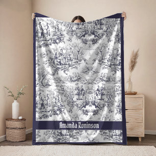 Elegante vintage zwarte toile de jouy monogram fleece deken
