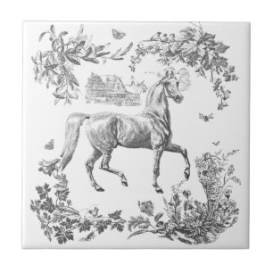 Elegante Vintage Zwarte Witte Paard Bloemen Tegeltje