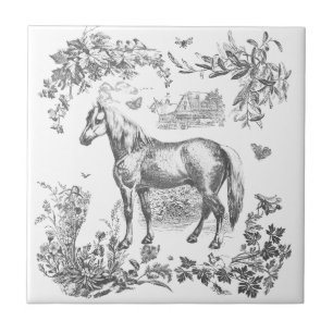 Elegante Vintage Zwarte Witte Paard Bloemmotief Tegeltje