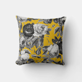 Elegante Vintage Zwarte Witte Rozen Mosterd Geel Kussen