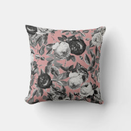 Elegante Vintage Zwarte Witte Rozen Stof Roze Kussen