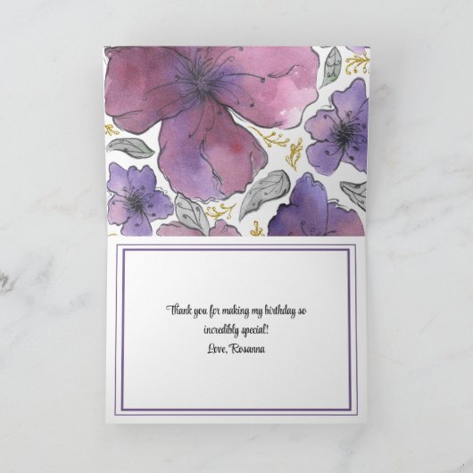 Elegante Violet Glitter Bloemen Verjaardag Dank u Bedankkaart (Binnen)