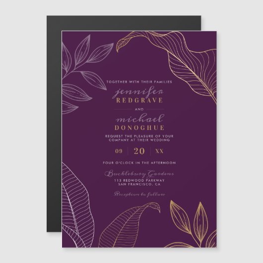 Elegante Violet Gold Buds Moderne bruiloft Magnetische Uitnodiging (Voorkant / Achterkant)