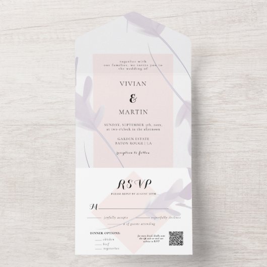 Elegante Violet Lavendel & Peach Kleur Bruiloft All In One Uitnodiging (Binnen)