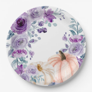 Elegante Violet Paarse Bloemen Pompoen Waterverf Papieren Bordje