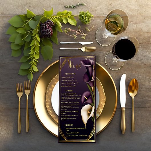 Elegante Violet Paarse en gouden Calla Lily bruilo Menu